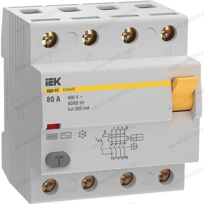 Выключатель дифференциальный (УЗО) KARAT ВД3-63 4P 80А 300мА 6кА тип AC IEK