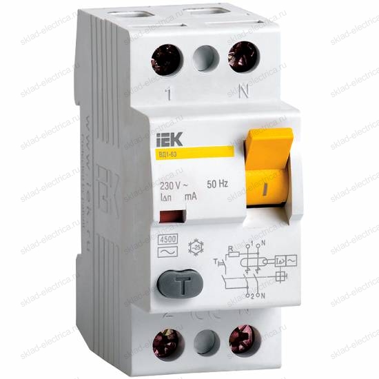 Выключатель дифференциальный двухполюсный (УЗО) IEK ВД1-63 50А AC30 (п)
