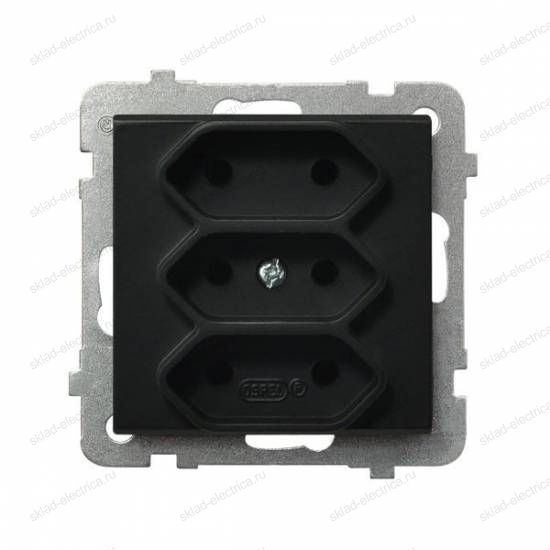 Ospel Sonata черный металлик розетка 3-я (в одну коробку) для узких вилок б/з euro, без рамки