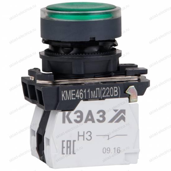 Кнопка КМЕ4622мЛ-24В-зеленый-2но+2нз-цилиндр-индикатор-IP65-КЭАЗ