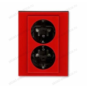 Розетка 2-ая электрическая с заземлением с защитными шторками, цвет Красный/Дымчатый черный, Levit