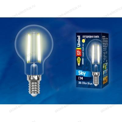 LED-G45-13W/3000K/E14/CL PLS02WH Лампа светодиодная. Форма "шар", прозрачная. Серия Sky. Теплый белый свет (3000К). Картон. ТМ Uniel.