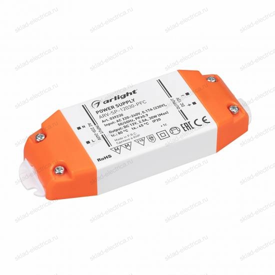 Блок питания ARV-SP-12030-PFC (12V, 2.5A, 30W) (Arlight, IP20 Пластик, 5 лет)