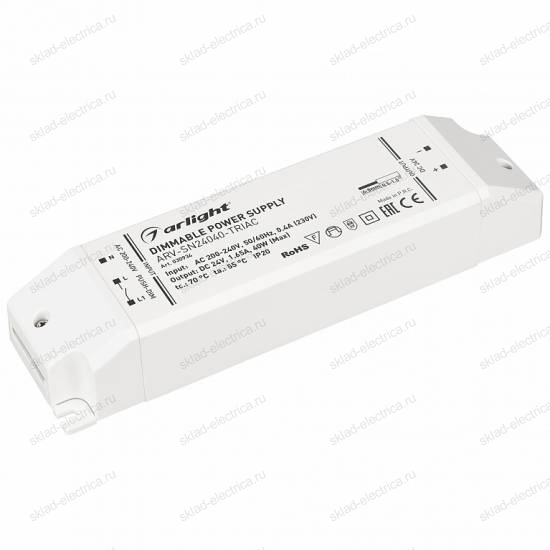 Блок питания ARV-SN24040-TRIAC (24V, 1.65A, 40W) (Arlight, IP20 Пластик, 3 года)