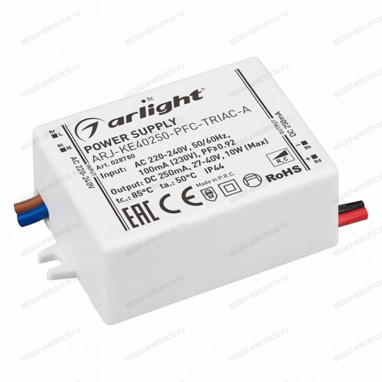 Блок питания ARJ-KE40250-PFC-TRIAC-A (10W, 250mA) (Arlight, IP44 Пластик, 5 лет)