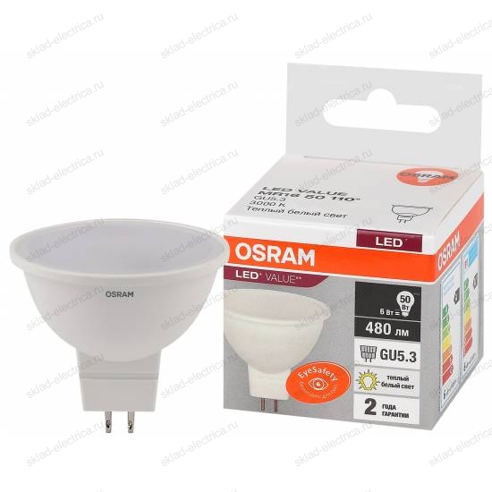 Лампа светодиодная OSRAM LED-Value 6 Вт GU5.3 3000К 480Лм 220 В